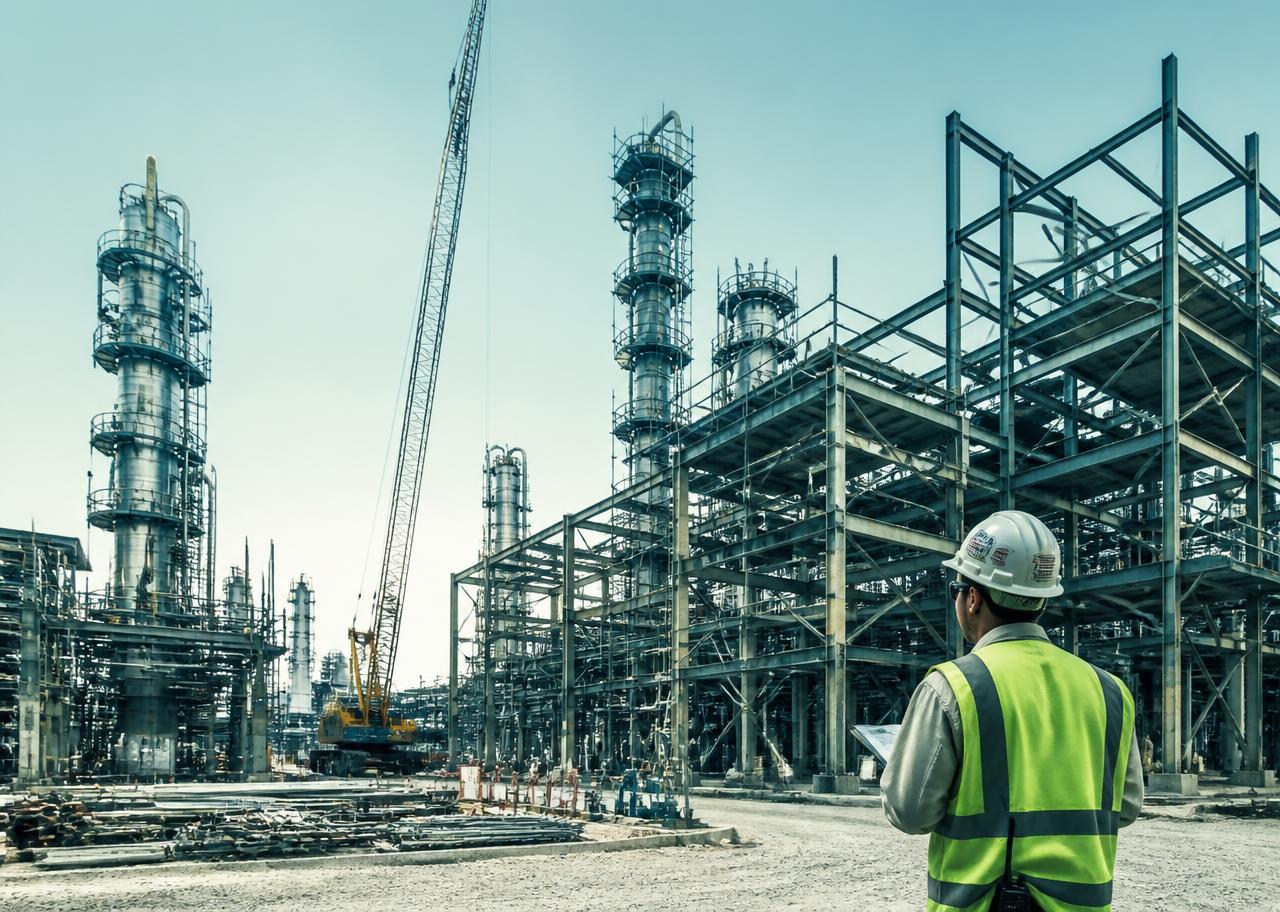 Industrieanlage im Bau mit Gerüsten, Rohrleitungen und Stahlbau
