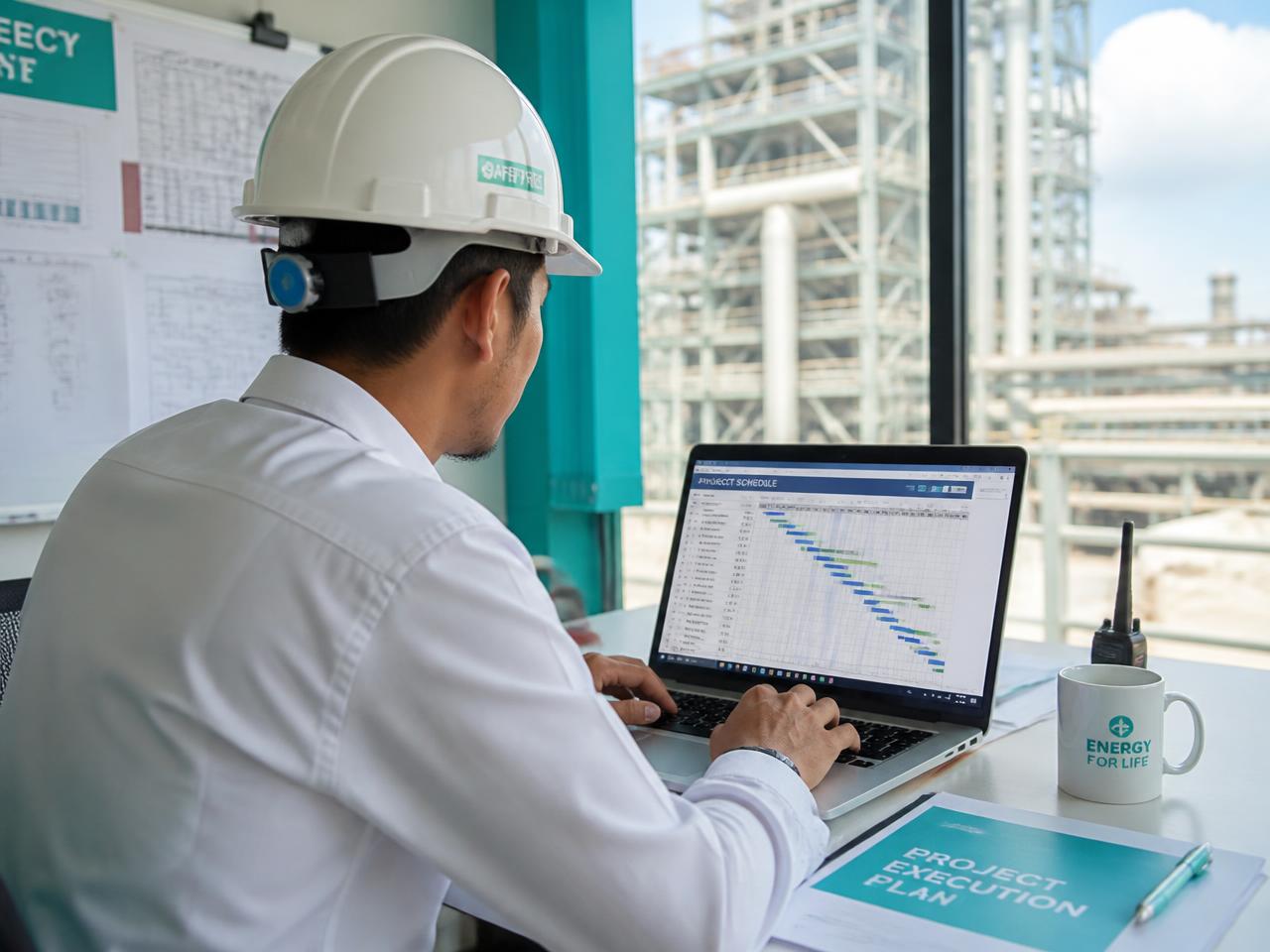 Ingenieur bei der Terminplanung mit Gantt-Diagramm auf der Baustelle